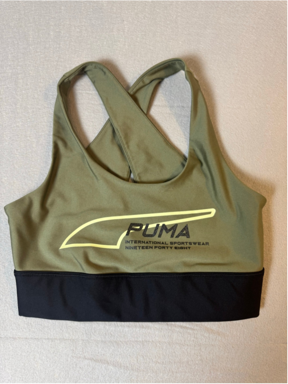 PUMA Women’s Medium Olive Green Black Cross Back Sports Bra Crop Top